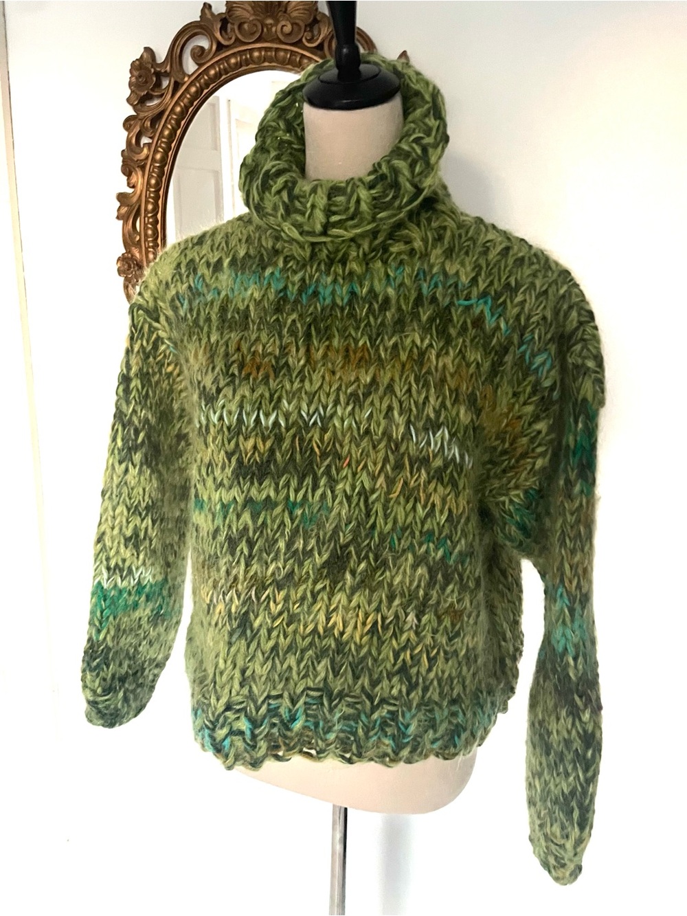 Handknit Green Mohair Chunky Sustainable Turtleneck Sweater s m